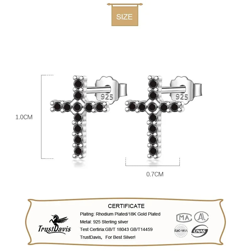 Trustdavis 100% 925 Solid Real Sterling Silver Cross Black CZ Stud Earrings For Women Girls Kids Lady Fashion Fine Jewelry DA129