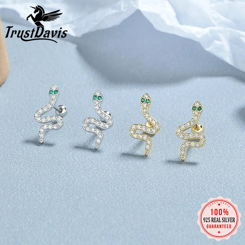 Pendientes TrustDavis Plata de Ley 925 auténtica a la moda con forma de serpiente y espiral de circón para mujeres y niñas, regalos de joyería DS4247