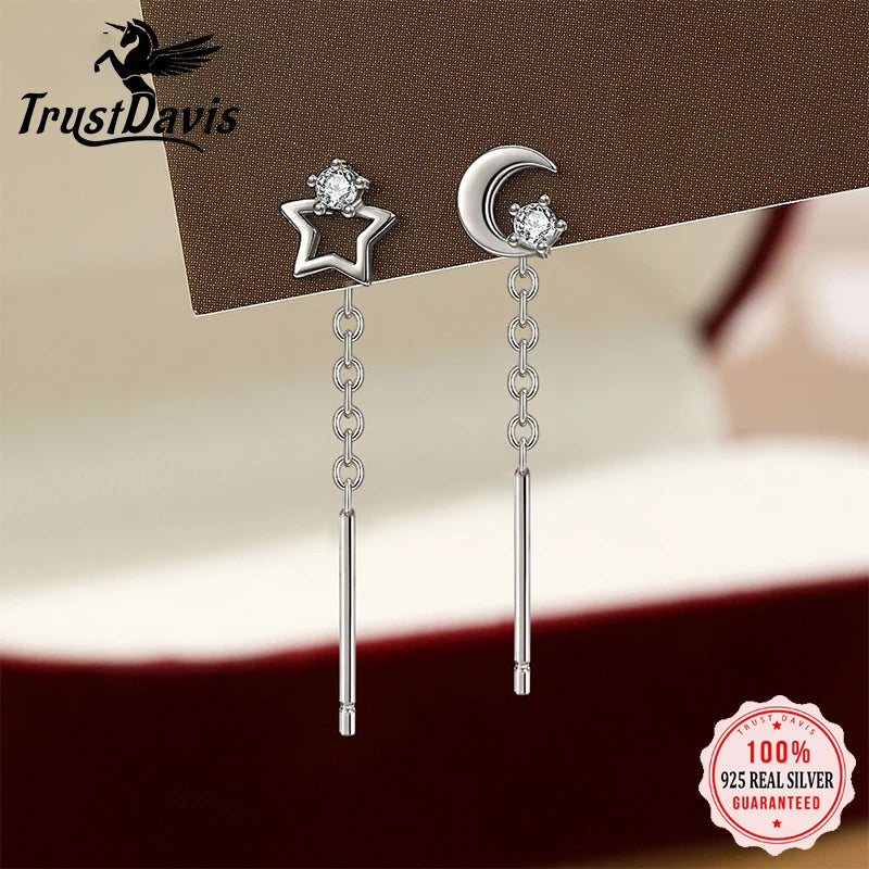 TrustDavis Real 925 Sterling SilverWomen's Simple Tassel Earrings Sweet Star and Moon Earrings for Women Gift Jewelry DA4206