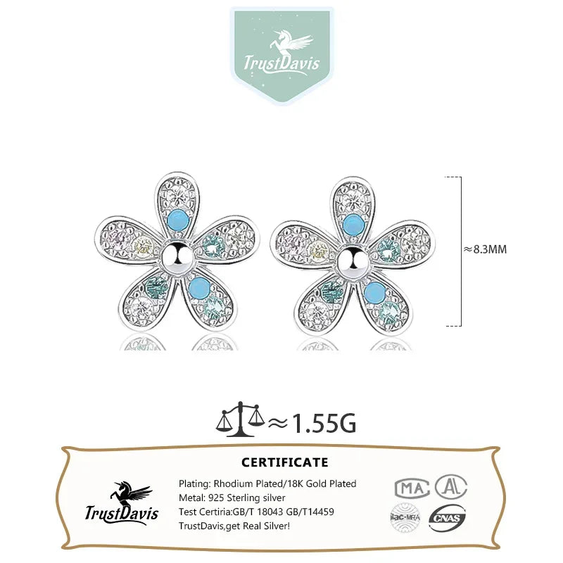 Trustdavis Real 925 Sterling Silver Sweet Colored Zircon Stud Earrings for Women Wedding Birthday Present Jewelry DA3212