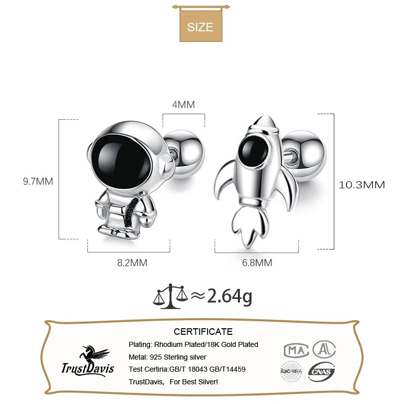 TrustDavis Real 925 Sterling Silver 2022 Sweet Astronaut Rocket Screw Stud Earrings For Daughter Girls Gift Fine Jewelry DG0062