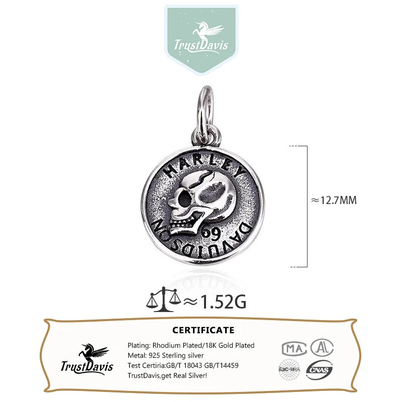 TrustDavis Real 925 Sterling Silver Fashion Retro Skull Head Round Card Charm Pendant Handmade DIY Accessories Jewelry HY044