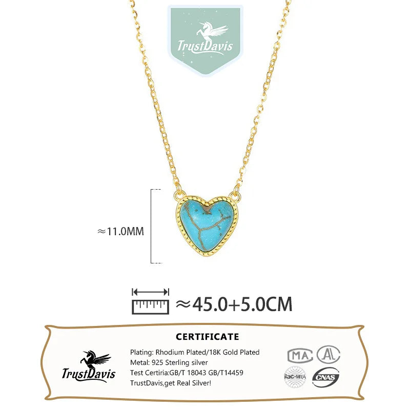 TrustDavis 925 Sterling Silver Women's Fashion Simple Turquoise Heart Pendant Necklace for Women Girls Jewelry Gift DS4427