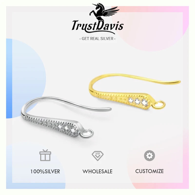 TrustDavis Real 925 Sterling Silver Fashion Dazzling CZ Opening Handmade Ear Hook Earring DIY Accessories Fine Jewelry HY365