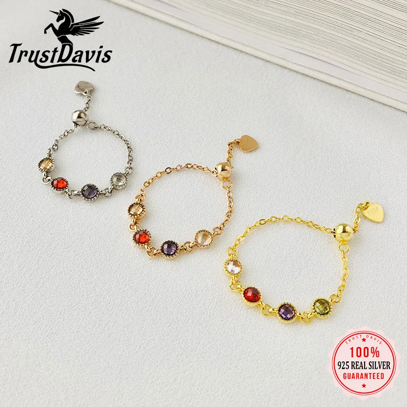 TrustDavis Real 925 Sterling Silver Women's Fashion Elegant Chain Ring Colored Zircon Chain Ring for Women Gift Jewelry DS4226