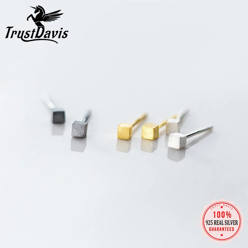 Trustdavis Genuine 100% 925 Sterling Silver Sweet Mini Wire Drawing Square Stud Earrings For Women Wedding Jewelry Gift DS2112
