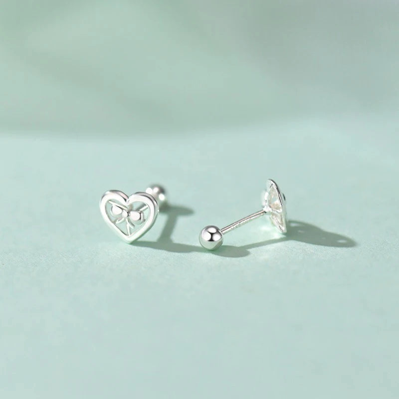 TrustDavis 925 Sterling Silver Women's Fashion Simple Heart-Shaped Bow Screw Earrings for Women Girls Jewelry Gift DS4418