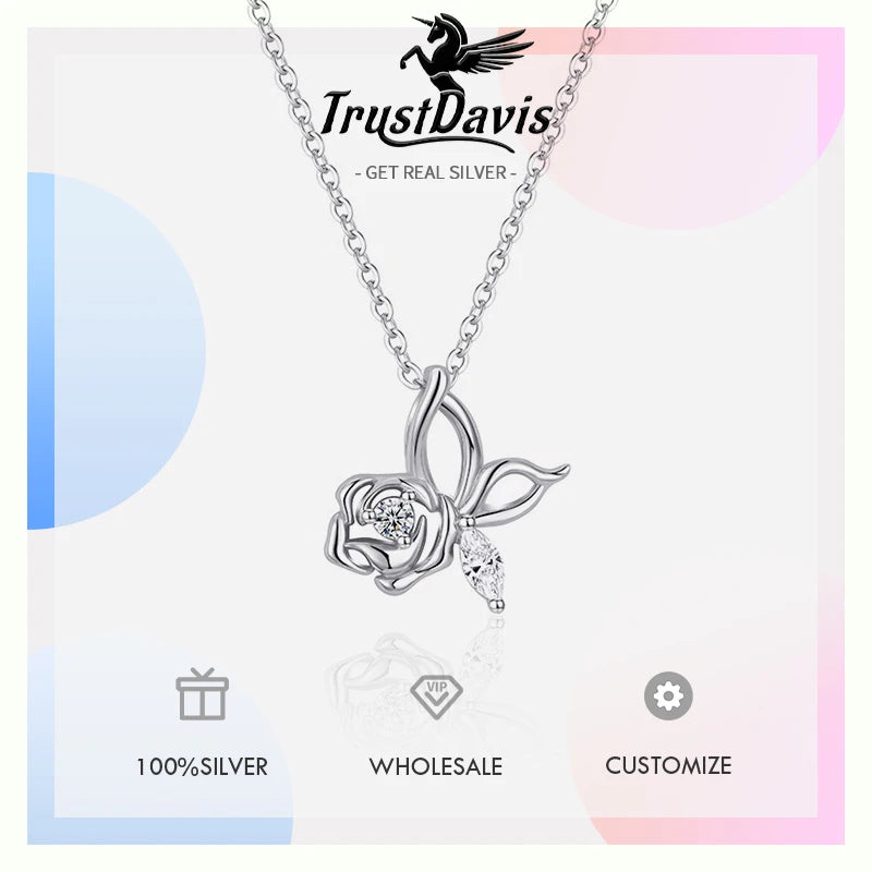 TrustDavis 925 Sterling Silver Women's Fashion Zircon Simple Rose Butterfly Zircon Necklace for Women Girls Jewelry Gift DS4435