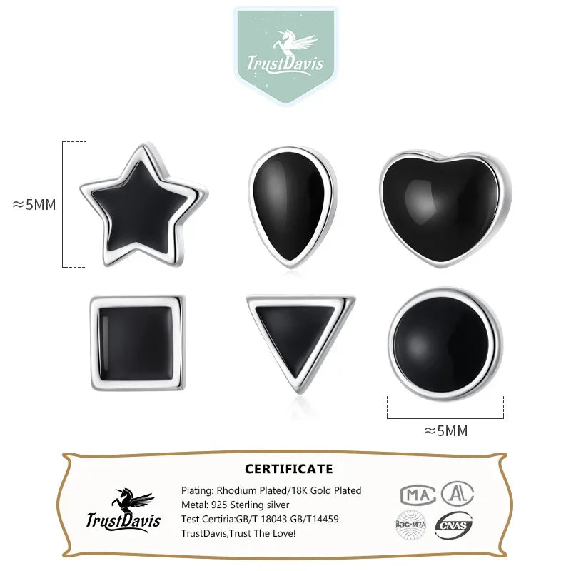TrustDavis Real 925 Sterling Silver Black Star Square Heart Triangle Round Stud Earrings For Daughter Girls Birthday Gift DT14