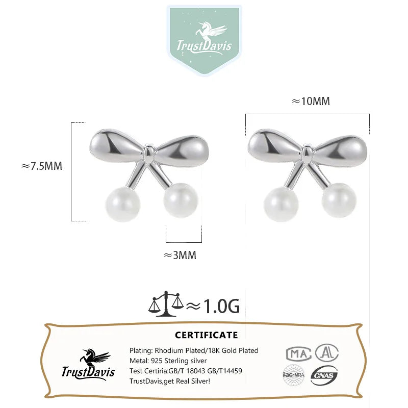 TrustDavis 925 Sterling Silver Women's Pearl Earrings Fashion Sweet Cherry Pearl Earrings for Women Girls Jewelry Gift DS4377