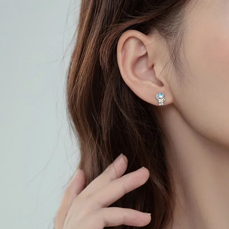 TrustDavis Real 925 Sterling Silver Sweet Astronaut Star Moonstone Earrings For Daughter children Birthday Gift Jewelry DA2568