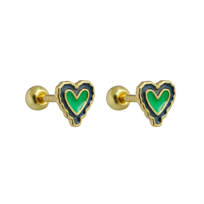 TrustDavis 925 Sterling Silver Women's Fashion Simple Epoxy Heart Screw Earrings for Women Girls Jewelry Gift DS4328