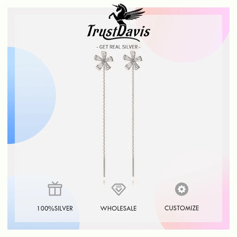 Trustdavis Real 925 Sterling Silver Stud Earring Romantic  Flower Ear line For Women Creative Fashion Jewelry Gift DS4175