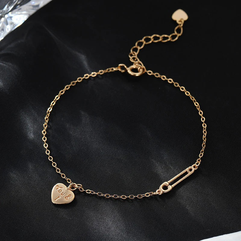 TrustDavis Girls 925 Sterling Silver Fashion Simple Heart Letter Paperclip Bracelet for Women Girl Gift Fine Jewelry DS4687