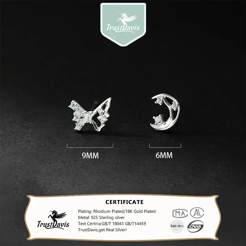 TrustDavis Real 925 Sterling Silver Cute Butterfly Moon Charm Stud Earrings for Women Girls Casual Party Fine Jewelry DS4170