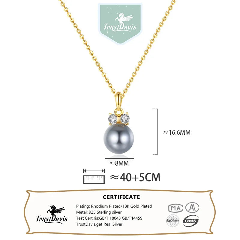 TrustDavis Real 925 Sterling Silver Fashion Simple Black and White Pearl Necklace for Women Girls Gift Fine Jewelry DS4737