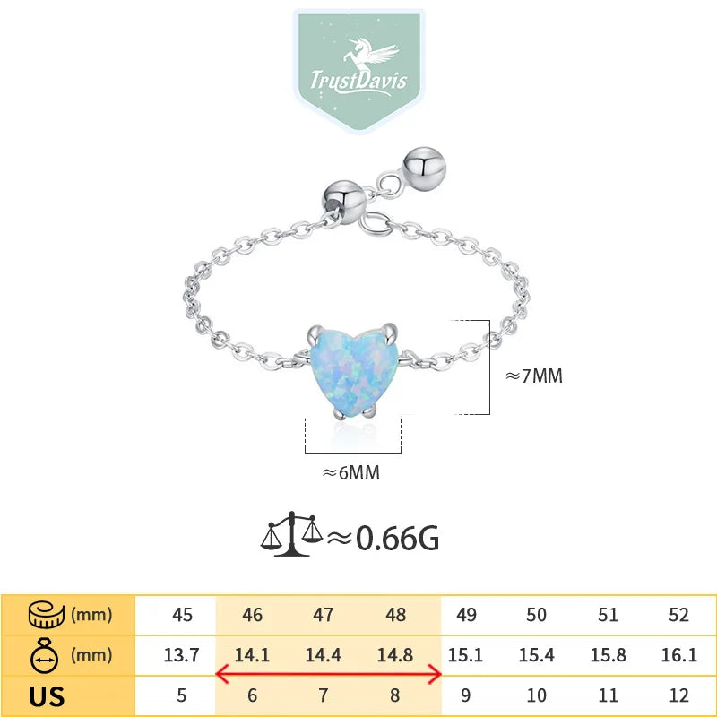 TrustDavis Real 925 Sterling Silver Women's Fashion Simple Blue Opal Heart Adjustable Ring for Women Girls Gift Jewelry DS4233