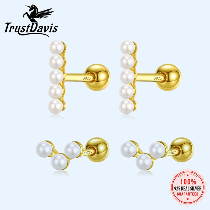 TrustDavis Real 925 Sterling Silver Earring Synthesis Pearl Beads Screw Stud Earring For Women Wedding Party Jewelry Gift DA2782