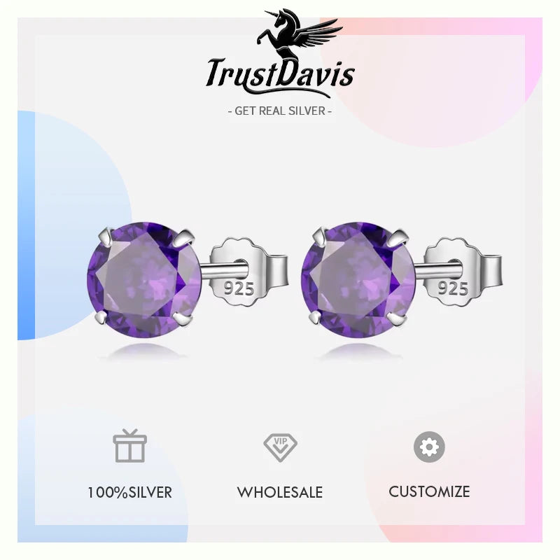 TrustDavis 100% 925 Sterling Silver Purple CZ Stone Stud Earrings Small Cute Gift For Girls Women Fine Jewelry Wholesale DS910