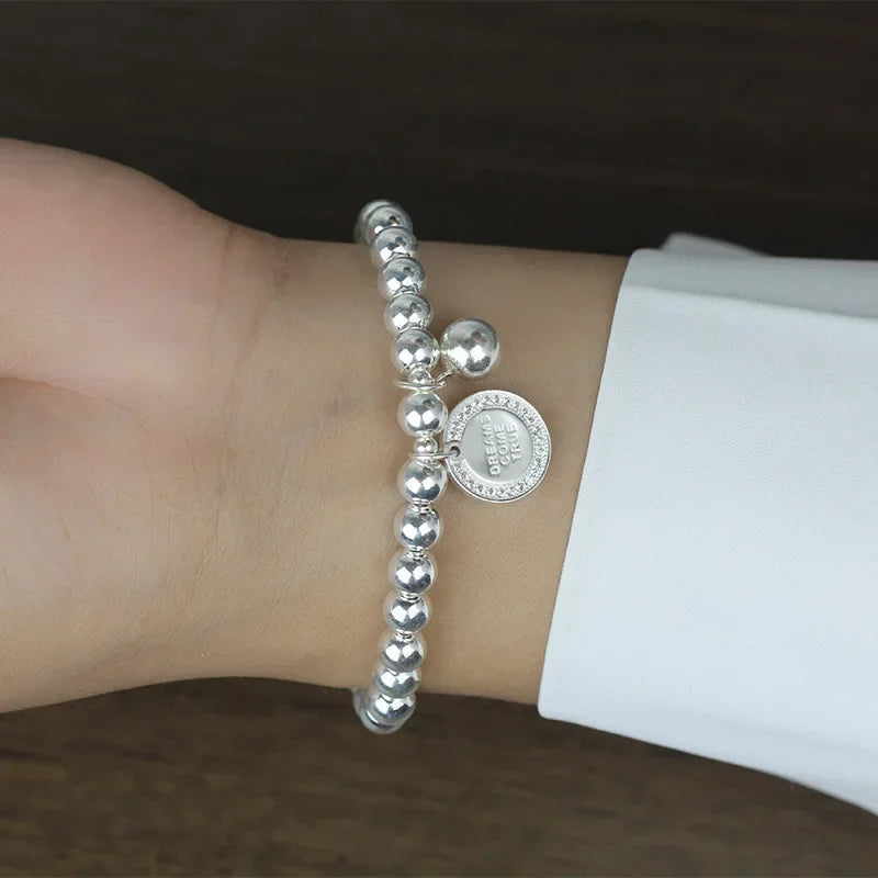 TrustDavis Real 925 Sterling Silver Fashion Sweet 6cm Beads Chain Coin CZ Bracelet Elastic For Women Mother's Day Jewelry DA2057