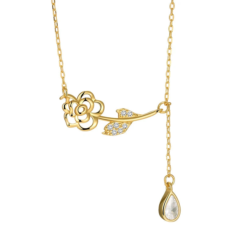 TrustDavis 925 Sterling Silver Women's  Fashion Simple Rose Zircon Tassel Necklace for Women Girls Jewelry Gift DS4275