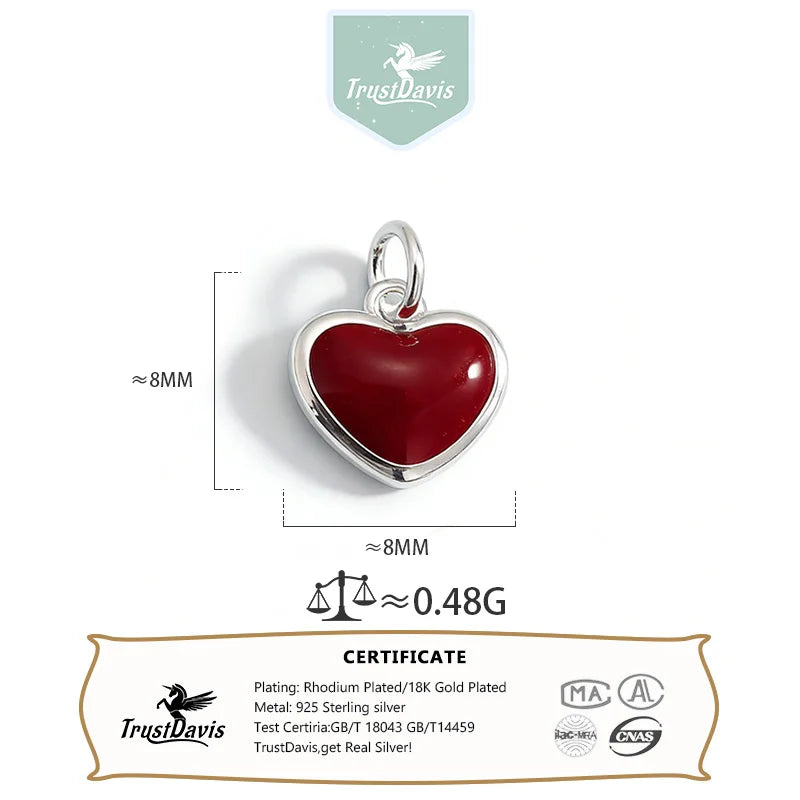 TrustDavis 925 Sterling Silver Fashion Classic Red Enamel Heart Pendant DIY Necklace Bracelet Accessories Fine Jewelry DZ1850