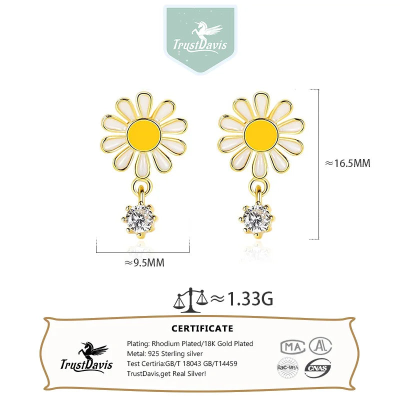 TrustDavis 925 Sterling Silver Women's Fashion Simple Daisy Zirconia Stud Earrings for Women Girls Jewelry Gift DS4357