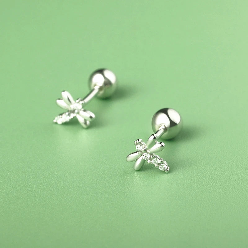 TrustDavis Real 925 Sterling Silver Insect Dragonfly CZ Screw Stud Earrings For Women Girls Fashion Fine Jewelry Gift DS4619