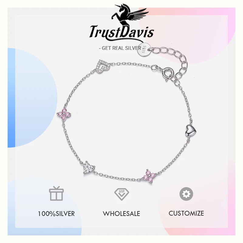 Pink Flower Heart Zircon Silver Necklace DS4863