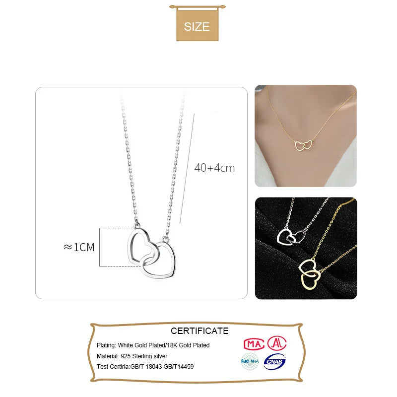 TrustDavis Real 925 Sterling Silver Fashion Romantic Double Heart Necklace For Women Wedding Valentine's Day Fine Jewelry DB286