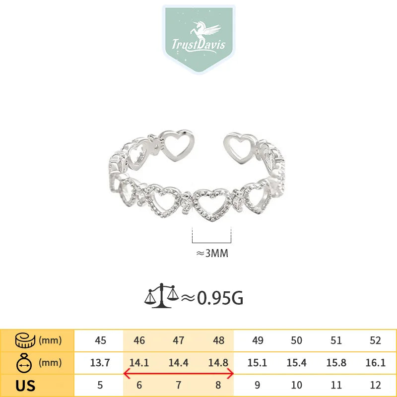 TrustDavis Girls 925 Sterling Silver Fashion Adjustable Heart Ring Hollow Heart Open Ring for Women Grill Gift Jewelry DS4215