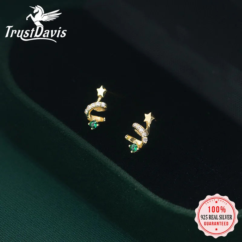 TrustDavis Real 925 Sterling Silver Fashion Fine Christmas Tree Emerald Rotate Stud Earrings for Women Jewelry DS4401