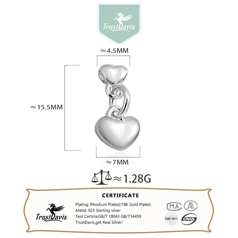 TrustDavis New Real 925 Sterling Silver Fashion Romantic Hearts Charm Pendant Handmade DIY Accessories Wholesale DZ1720