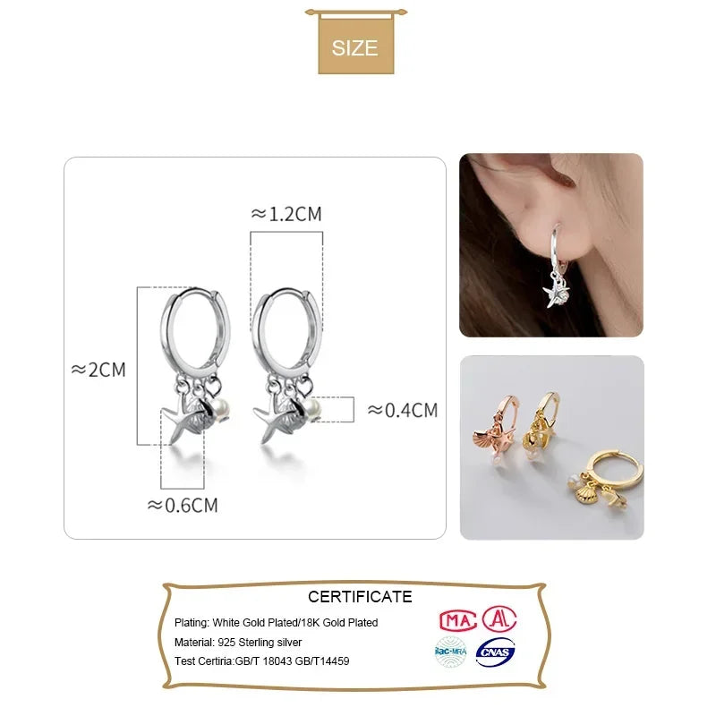 TrustDavis 100% 925 Real Sterling Silver Seastar Pearl Hoop Earrings Jewerly Gift For School Girls Daughter's Gift DS524