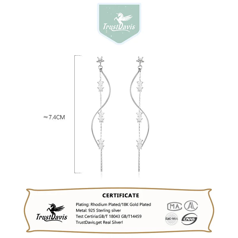 TrustDavis Real 925 Sterling Silver Earring For Women Waves Stars Tassels Stud Earrings Wedding Anniversary Jewelry Gift DG0008