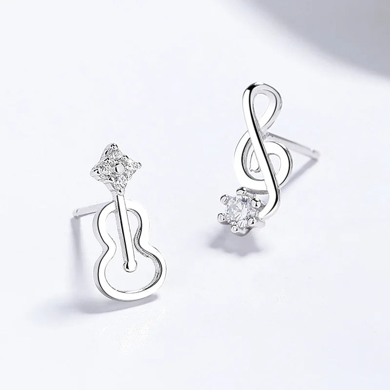 Silver Musical Note Guitar Stud Earrings DS4786
