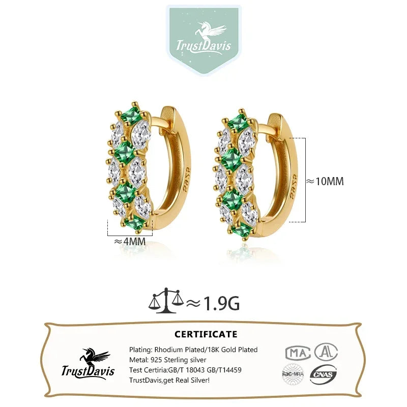 TrustDavis 2024 Real 925 Sterling Silver Green Zircon Hoop Earrings Women Daughter Birthday Party Gift Jewelry DS4443
