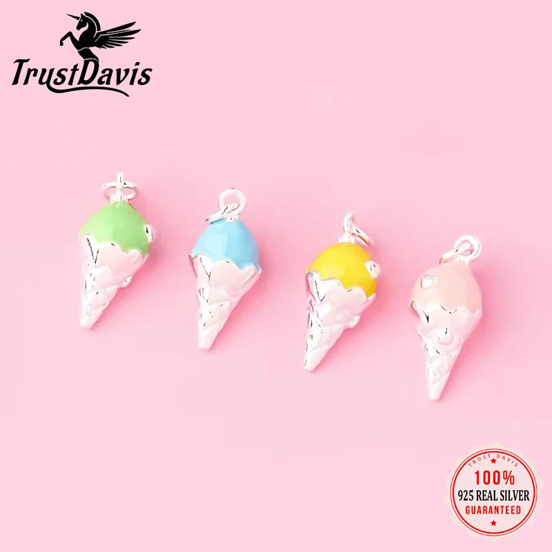 TrustDavis Real 925 Sterling Silver Cute Lovely Colored Ice Cream Pendant Handmade Bracelet Necklace Accessories Jewelry DZ1656