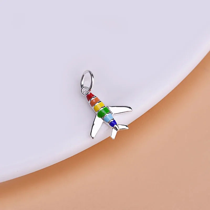 TrustDavis Real 925 Sterling Silver Fashion Color Drip Glue Aircraft Charm Pendant Handmade DIY Accessories Fine Jewelry DZ212