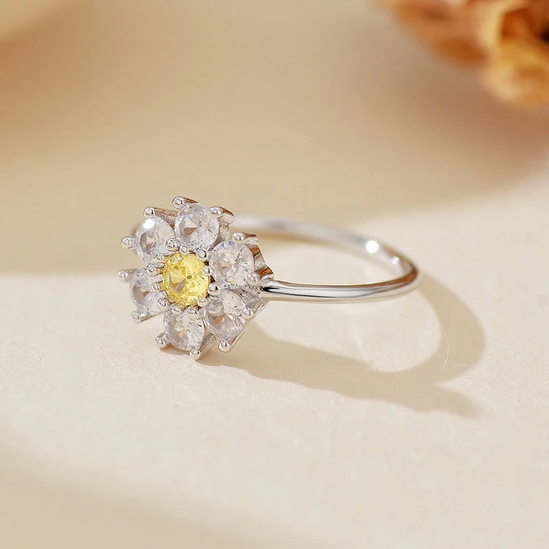 TrustDavis Real 925 Sterling Silver Women's Fashion Two-tone Flower Colored Zircon Ring for Women Girls Fine Jewelry Gift DS4708