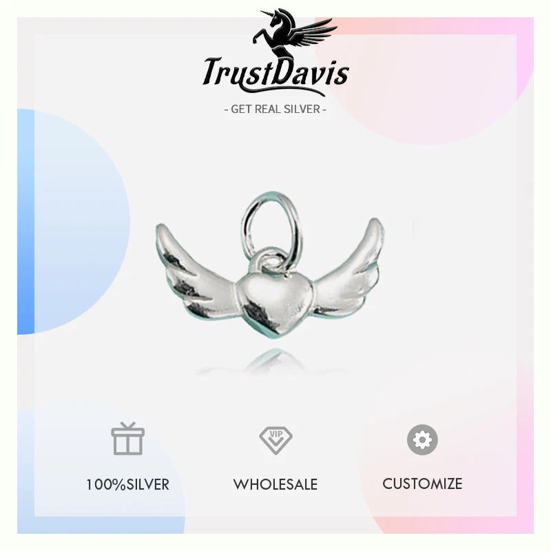 TrustDavis 925 Sterling Silver Fashion Classic Angel Wings Heart Pendant DIY Necklace Bracelet Accessories Fine Jewelry DZ1849