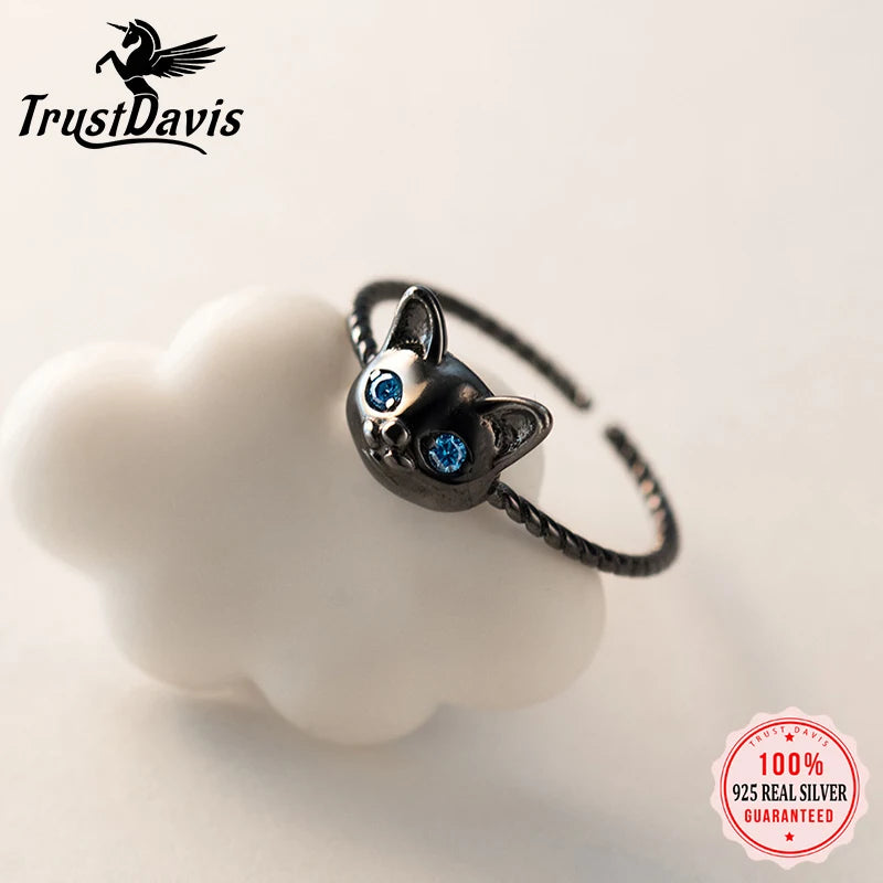 TrustDavis Real 925 Sterling Silver Animal Cat Twist CZ Opening Rings For Daughter Girlls Women Mother's Day Fine Jewelry DA2985