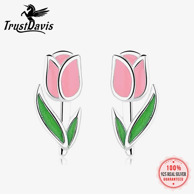Trustdavis Real 925 Sterling Silver Sweet Fashion Tulips Fresh Stud Earrings Women Girls Birthday Party Gift Jewelry DS4136