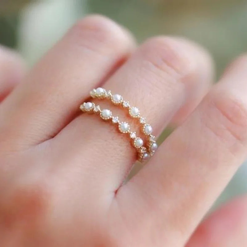 TrustDavis Real 925 Sterling Silver Women's Fashion Pearl Stacked Band Zircon Ring for Women Girls Fine Jewelry Gift DS4753