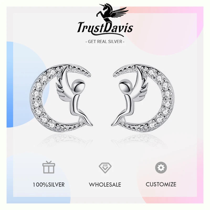 TrustDavis 925 Sterling Silver Women's Moon Stud Earrings Fashion Simple Moon Angel Earrings for Women Girls Jewelry Gift DS4276