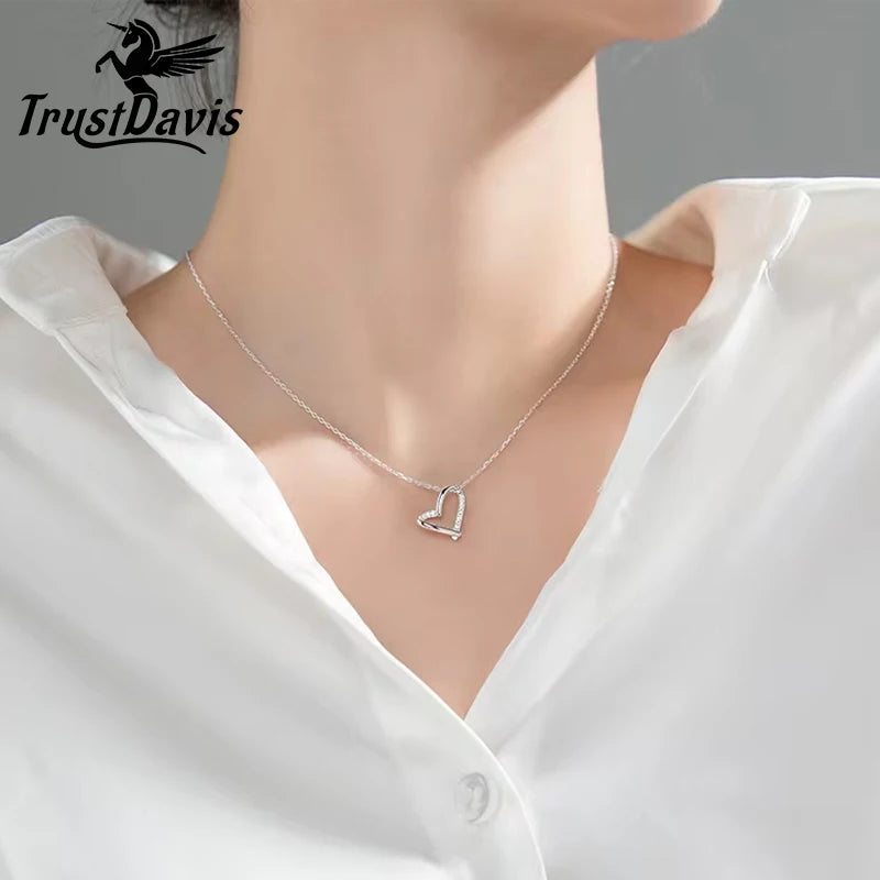 Trustdavis Real 925 Sterling Silver Romantic Heart Shiny CZ Pendant Clavicle Necklace For Women Wedding Party Jewelry DS1098