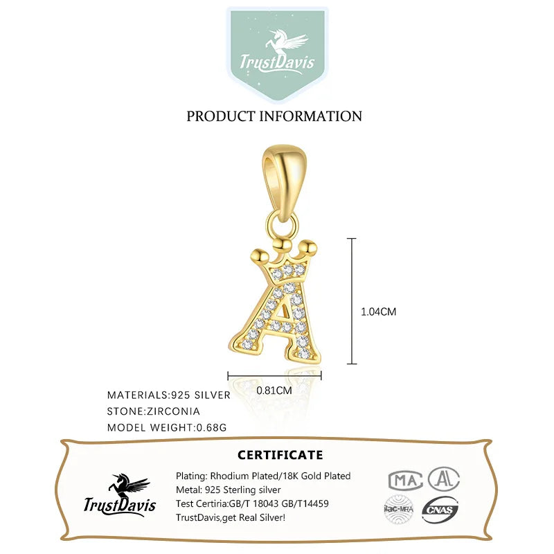 TrustDavis 925 Sterling Silver Women's Fashion Crown 26 Letter Pendant Zircon Necklace for Women Girls Jewelry Gift DS4445