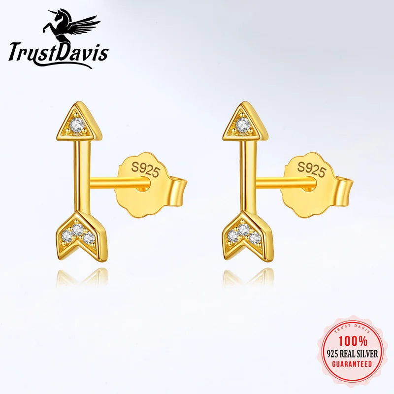 TrustDavis Real 925 Sterling Silver Earring Fashion Arrow Shiny CZ Stud Earring For Women Wedding Wholesale Jewelry DE0019
