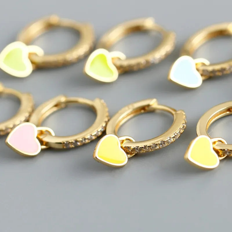 TrustDavis Real 925 Sterling Silver Glaze Heart Dangle Hoop Earrings For Women Wedding Party Fine Dazzling CZ Jewelry DA2745