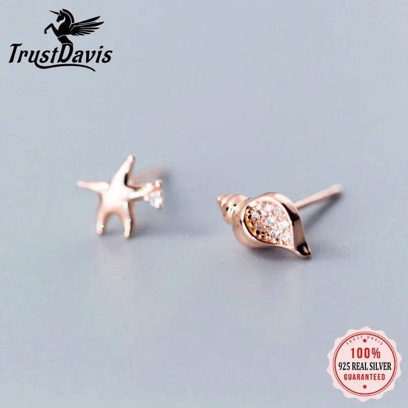 TrustDavis Genuine 925 Sterling Silver Asymmetric Conch Starfish CZ Stud Earrings For Fashion Woman Party Fine Jewelry DA1219